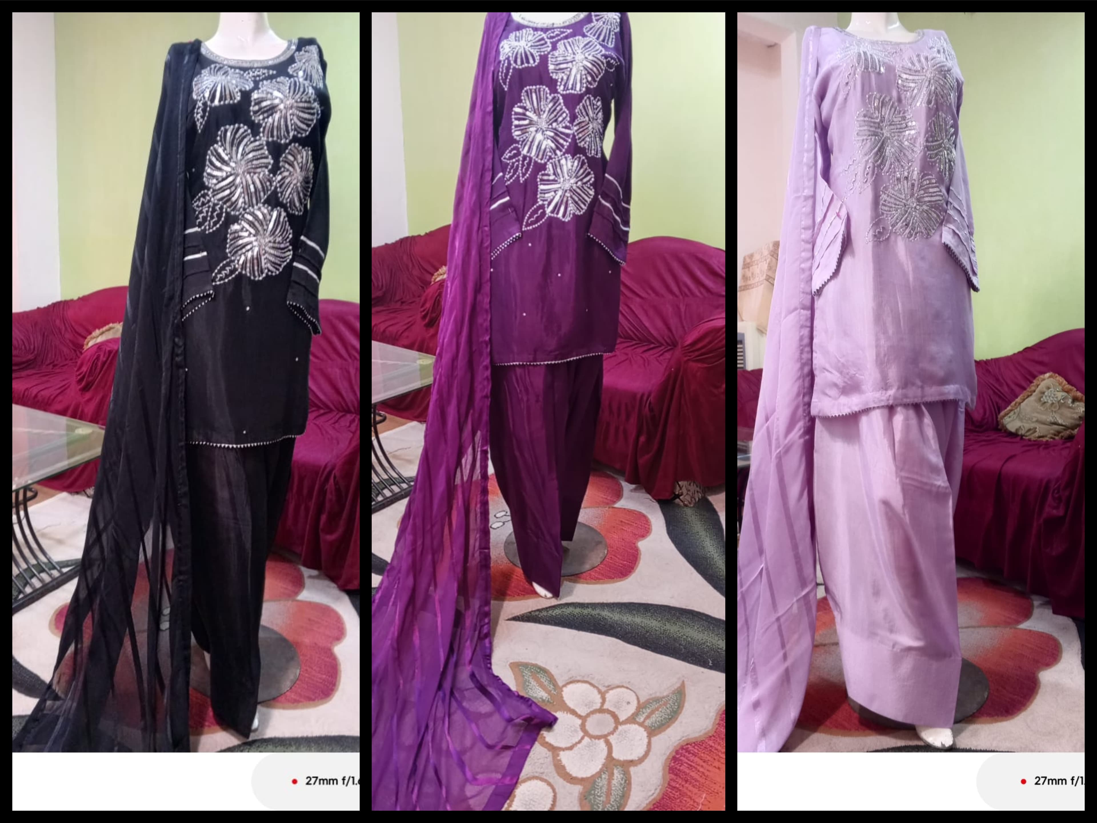 3 piece sheesha silk short shirt with farshi Shalwar 